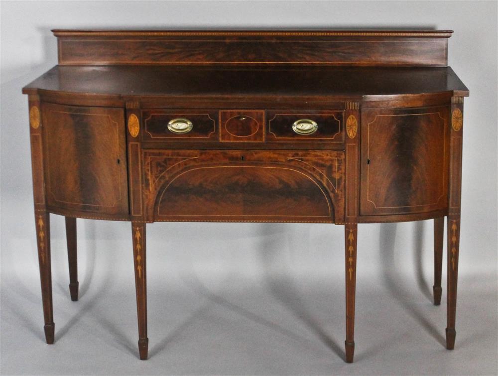 Appraisal: POTTHAST BROS FEDERAL STYLE INLAID MAHOGANY SIDEBOARD the backsplash with