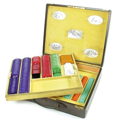 Appraisal: A leather cased set of gaming chips by Fortnum and