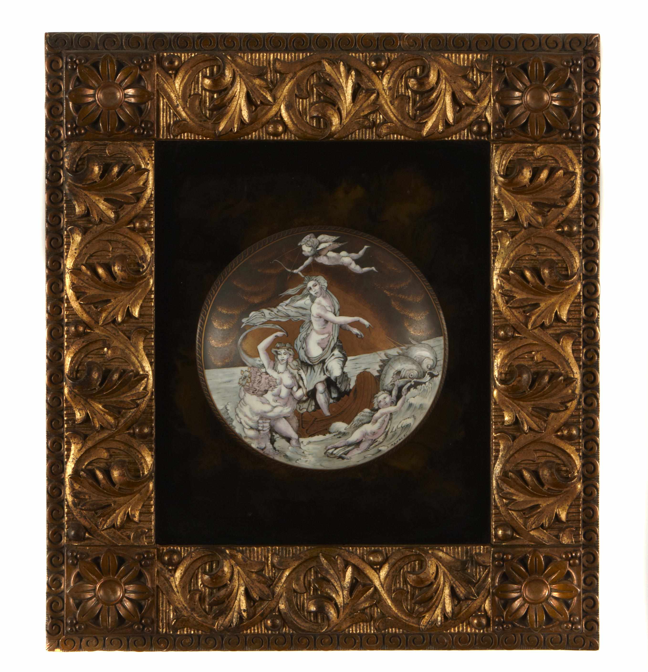 Appraisal: A Continental paint decorated convex porcelain panel Mounted on a