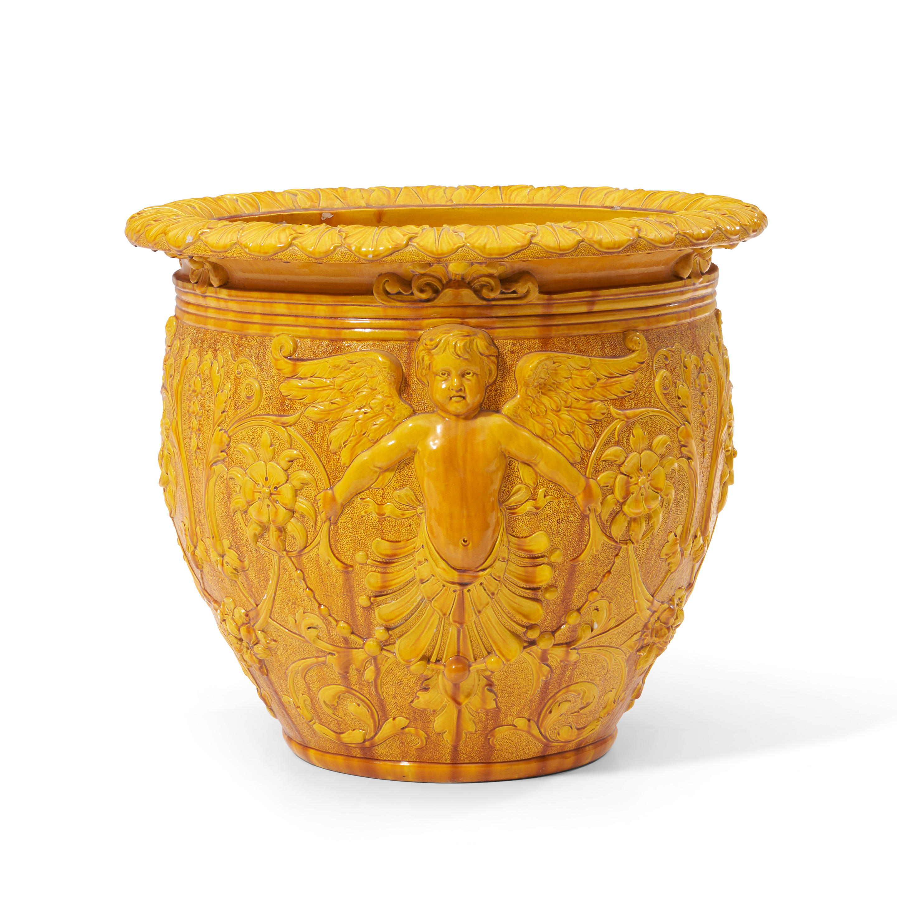 Appraisal: LARGE YELLOW-GLAZED JARDINIERE decorated with cherub and foliate motifs ht