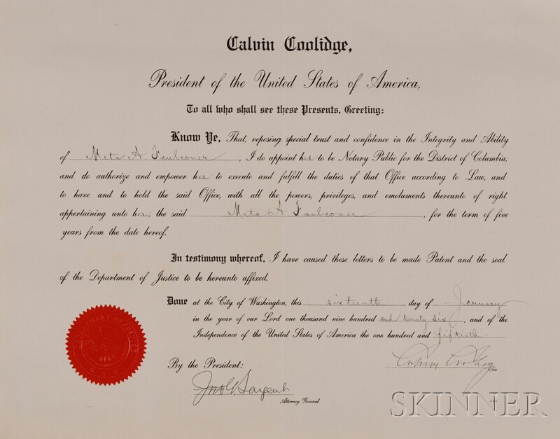 Appraisal: Coolidge Calvin - Signed document one page January th appointment