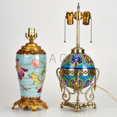 Appraisal: AESTHETIC MOVEMENT Two lamp bases One enameled and spherical the