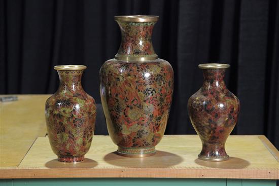 Appraisal: THREE CLOISONNE VASES Baluster form with floral designs in shades