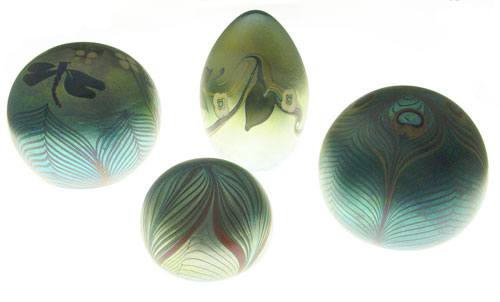 Appraisal: ORIENT FLUME IRIDESCENT ART GLASS PAPERWEIGHTS Pulled feather design blue