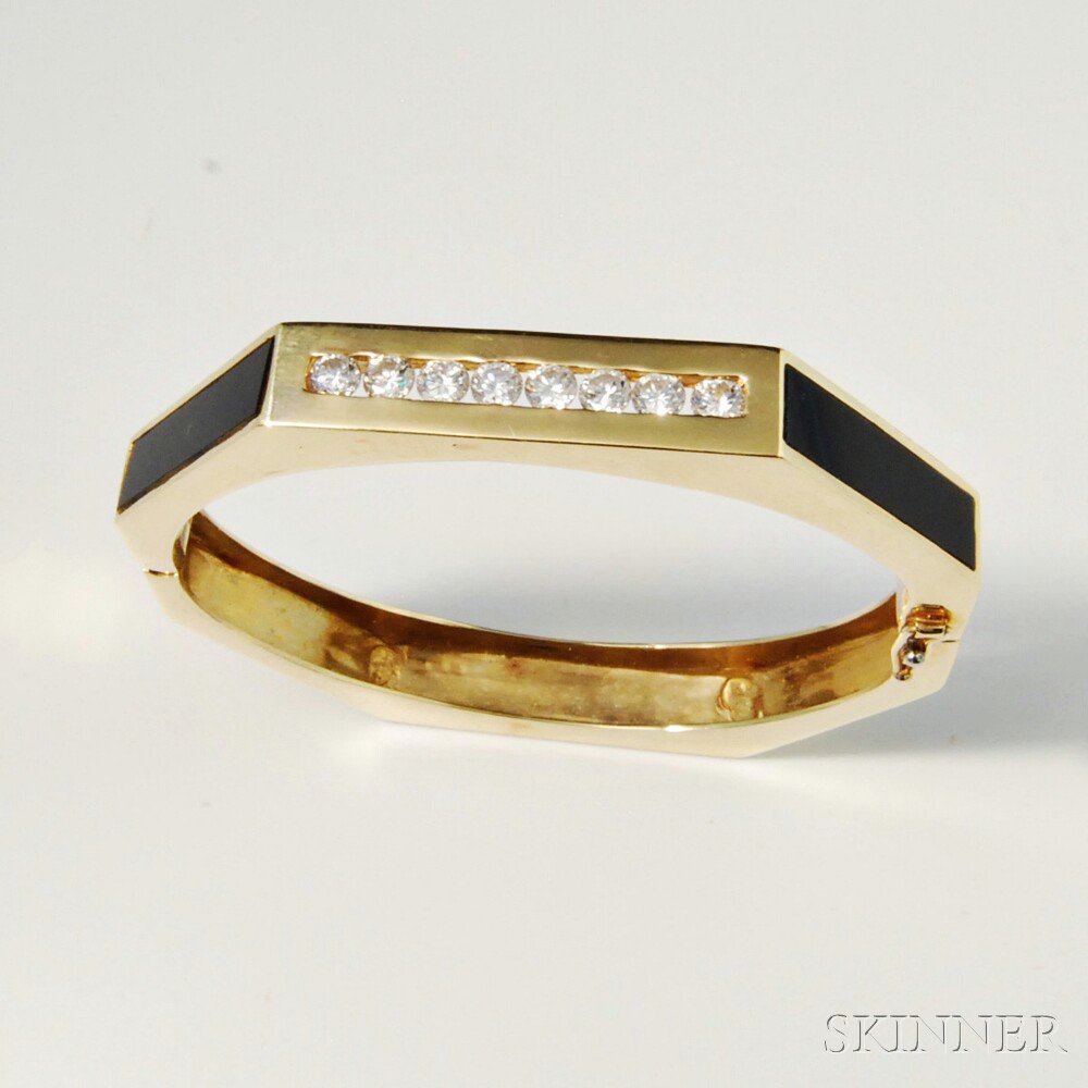 Appraisal: kt Gold Diamond and Onyx Bangle octagonal bangle with a