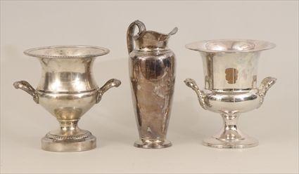 Appraisal: Two Silverplate Campagna-Form Wine Coolers Together with a silverplate presentation