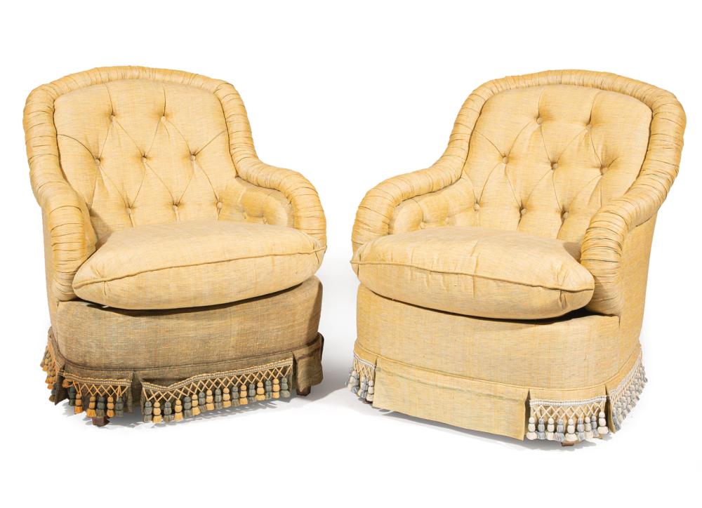 Appraisal: Pair of Napoleon III-Style Upholstered Barrel-Back Chairs labeled Baker Furniture