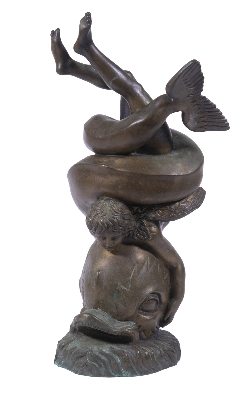 Appraisal: CLASSICAL DOLPHIN SCULPTURE Cupid Diving with Dolphin cast bronze sculpture