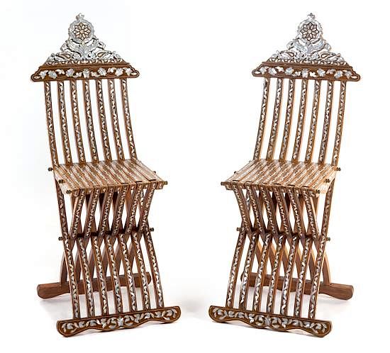 Appraisal: A Pair of Syrian Style Mother-of-Pearl Inlaid Chairs Height inches