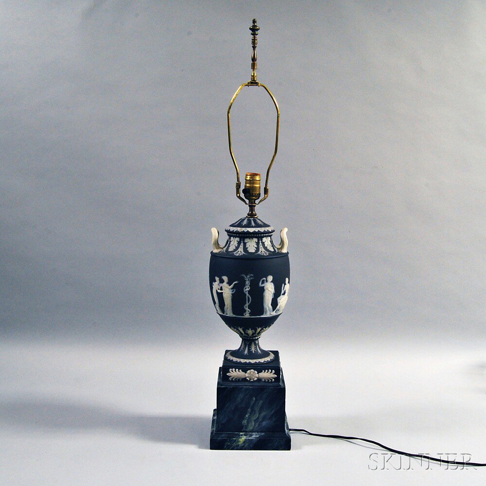 Appraisal: Wedgwood Black Jasper Lamp Base England c applied white relief