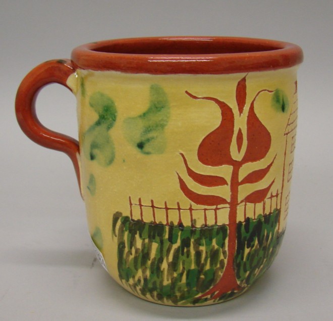 Appraisal: Mug - Tulip home scene tall applied handle J C