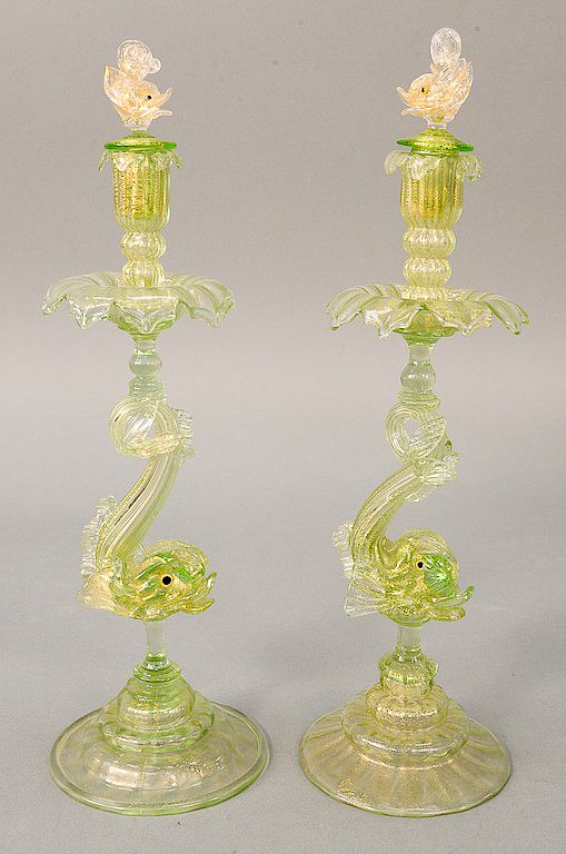 Appraisal: Pair of large Venetian figural glass candlesticks having green glass