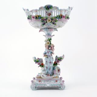 Appraisal: Large Vintage Dresden Figural Porcelain Compote Decorated with hand painted