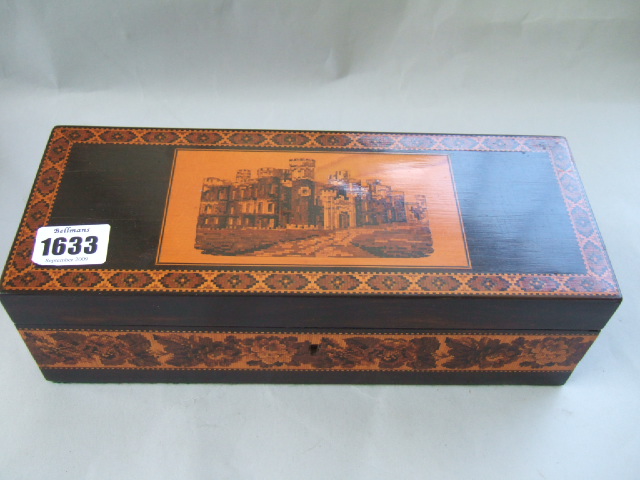 Appraisal: A Tunbridge ware glove box detailed with picture of a