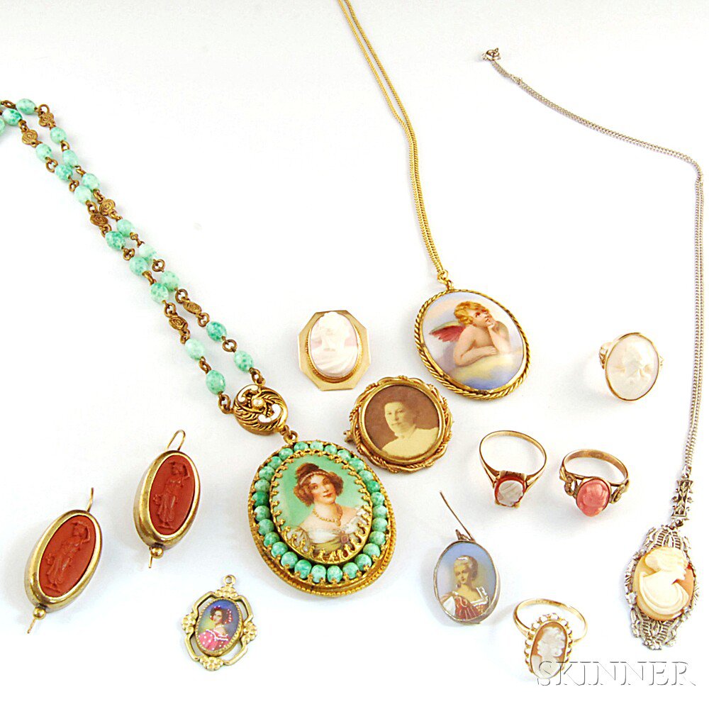 Appraisal: Group of Gold and Gold-filled Jewelry including painted porcelain pendants