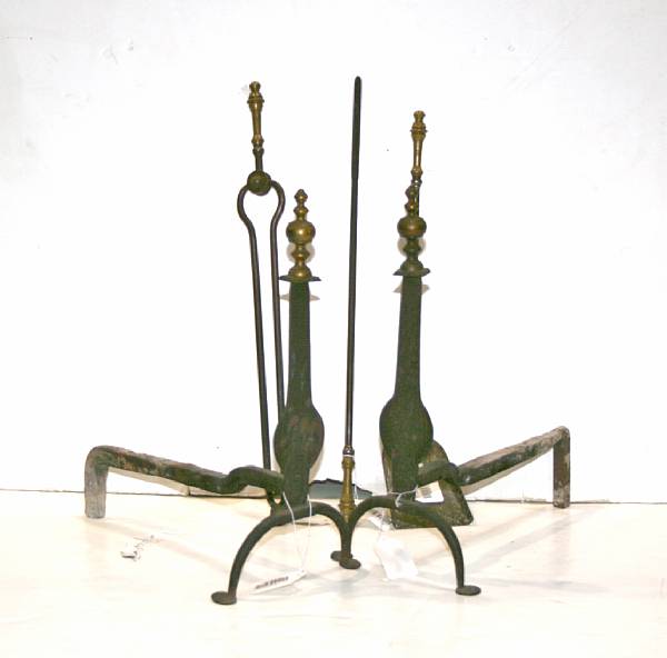 Appraisal: A pair of American brass and iron andirons and set