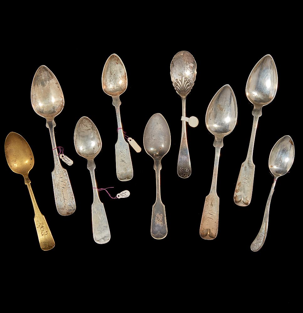 Appraisal: Assorted Silver Spoons Lot comprising six fiddleback spoons one Dresden