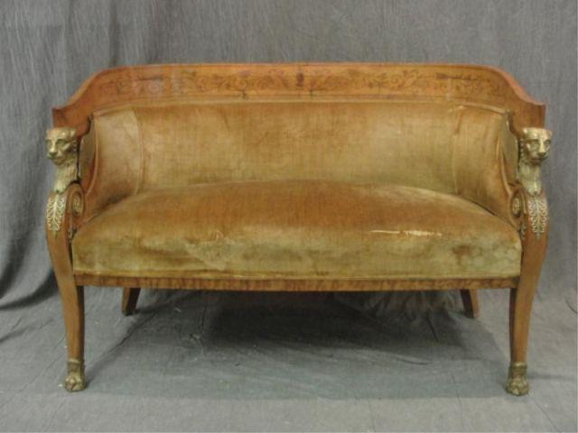 Appraisal: Continental Inlaid Bronze Mounted Burlwood Loveseat With bronze winged gryphons