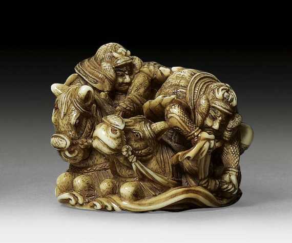 Appraisal: IVORY NETSUKE OF TWO SAMURAI Japan mid th century L