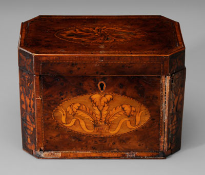 Appraisal: Regency inlaid burlwood tea caddy rectangular with canted sid