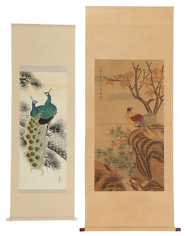 Appraisal: Two Asian Hand Painted Scrolls two birds in a landscape