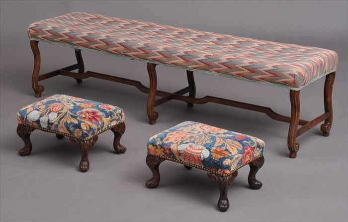 Appraisal: LOUIS XIV-STYLE CARVED BEECHWOOD NEEDLEWORK-UPHOLSTERED BENCH The rectangular seat over