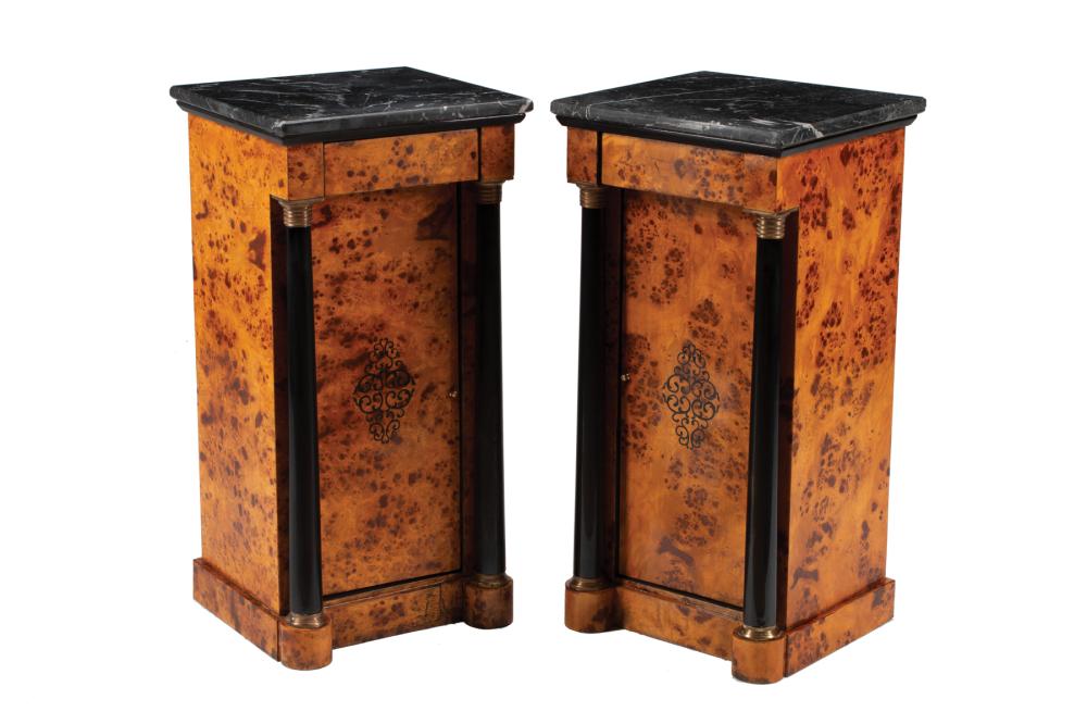 Appraisal: Pair of Charles X-Style Parcel Ebonized and Burlwood Nightstands black