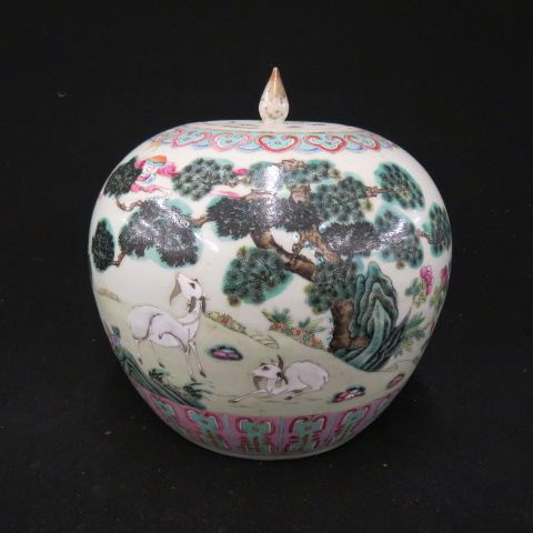 Appraisal: Chinese Porcelain Temple Jarwith goats landscape tall