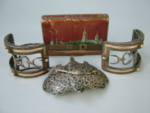 Appraisal: A Russian silver gilt and painted snuff box early th