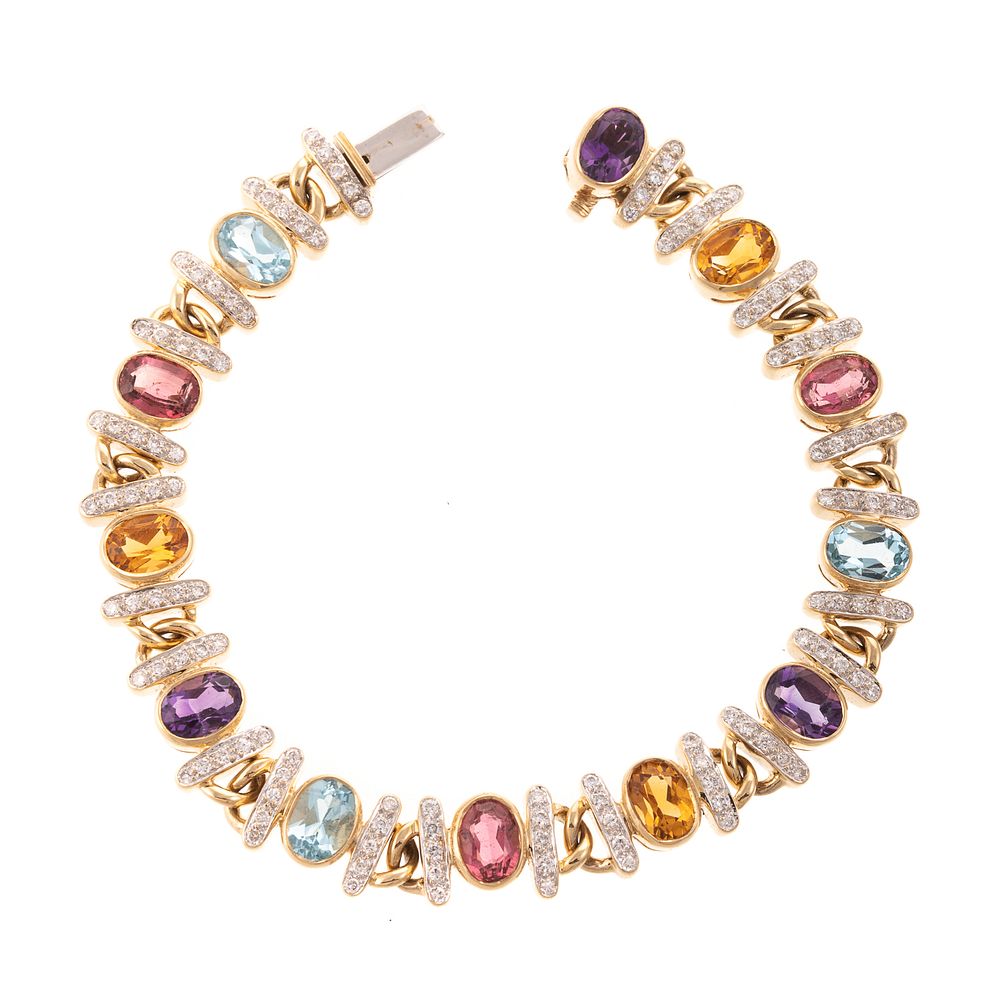 Appraisal: A Multi Gemstone Diamond Link Bracelet in K K yellow