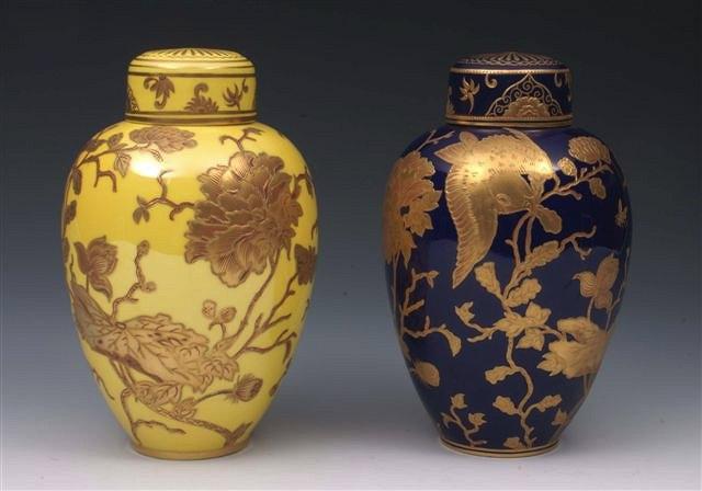 Appraisal: A PAIR OF DERBY PORCELAIN VASES AND COVERS of yellow