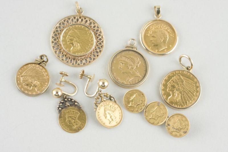 Appraisal: Antique Gold Coins Set as Jewelry including Iran Pahlavi pendant