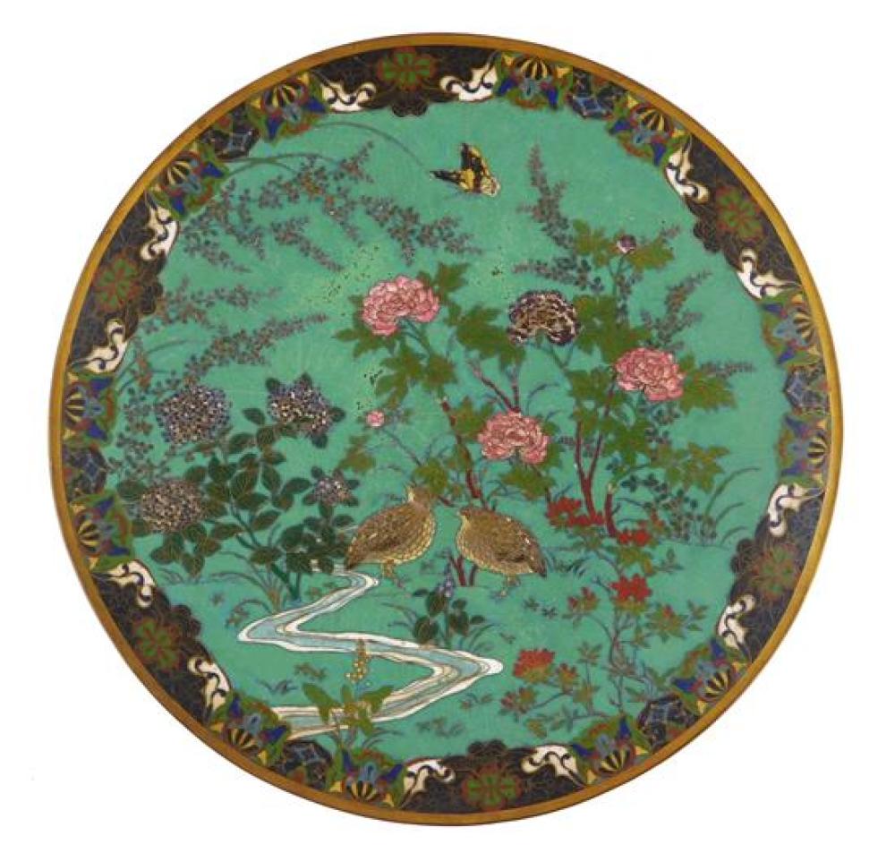 Appraisal: ASIAN Cloisonn charger Chinese th C depicts two birds on