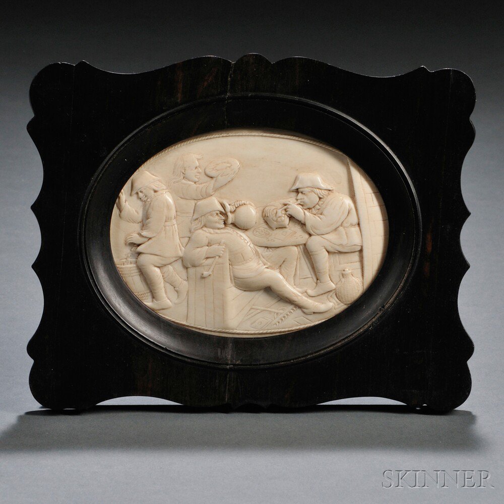 Appraisal: Carved Ivory Plaque Depicting a Bawdy Tavern Scene Dieppe France