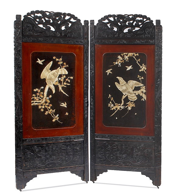 Appraisal: A Japanese lacquer bi fold screenwith bone set panel with