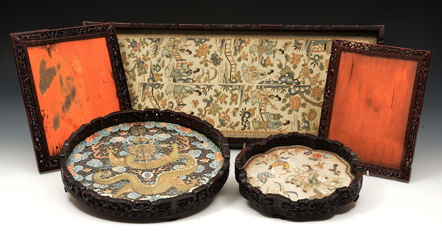 Appraisal: A Chinese hardwood rectangular tray th Centuryinset Chinese embroidered panel