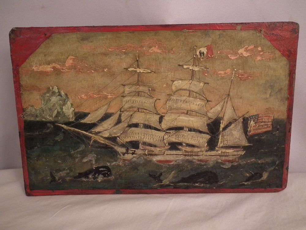 Appraisal: ARCTIC WHALING WOOD PLAQUE Old painted wood wall plaque with