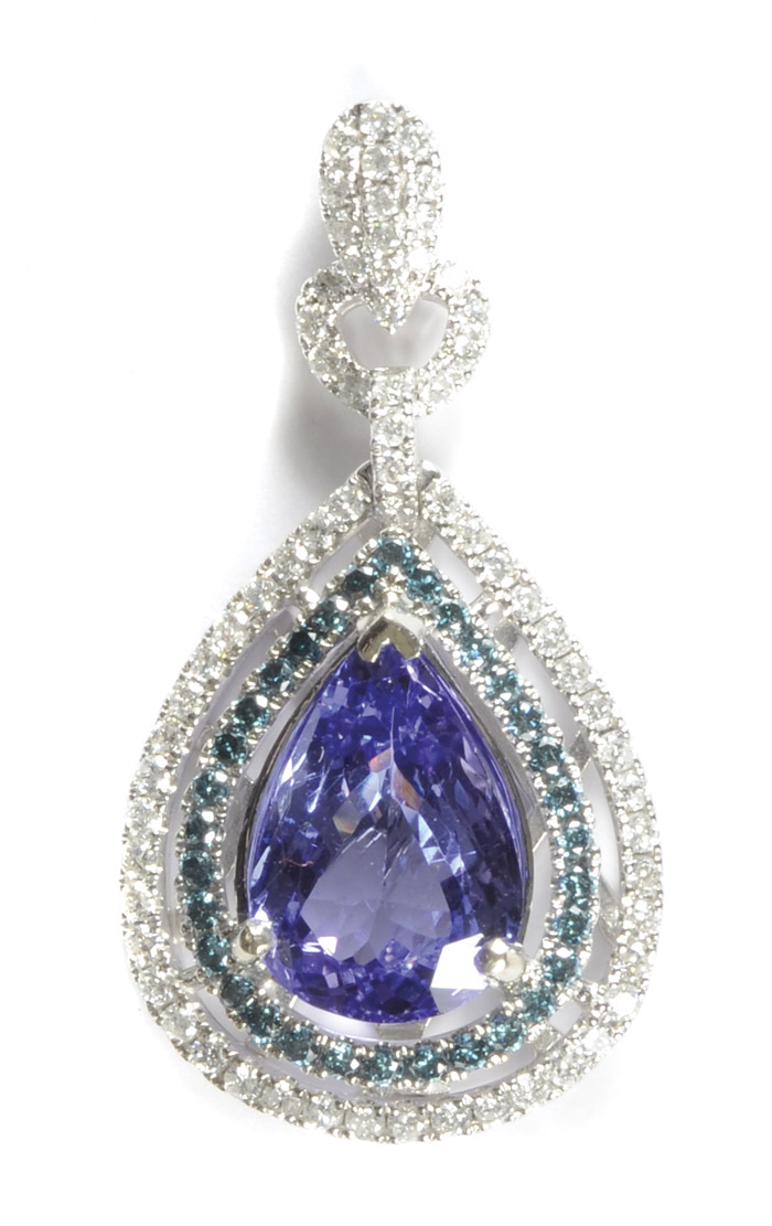 Appraisal: TANZANITE AND GREEN DIAMOND PENDANT k white gold featuring a