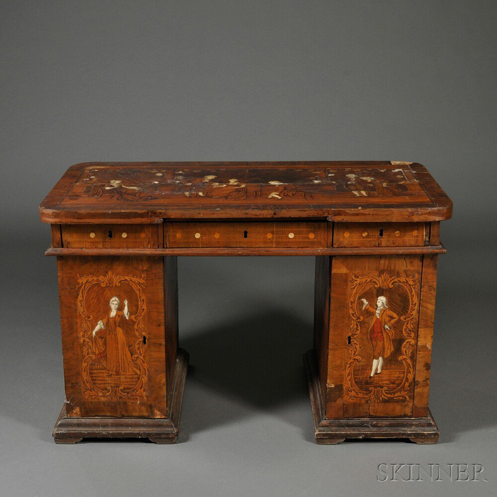 Appraisal: Italian Inlaid Walnut Pedestal Desk mid- th century top faux-ivory-inlaid