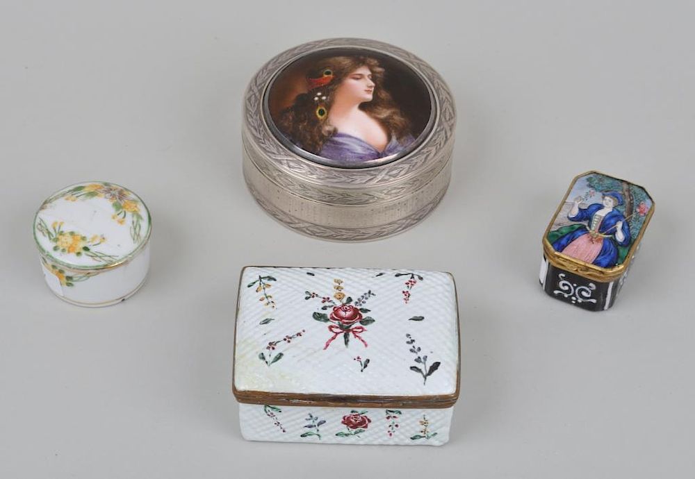 Appraisal: Three Small Continental Enamel One Porcelain Box comprising a silver