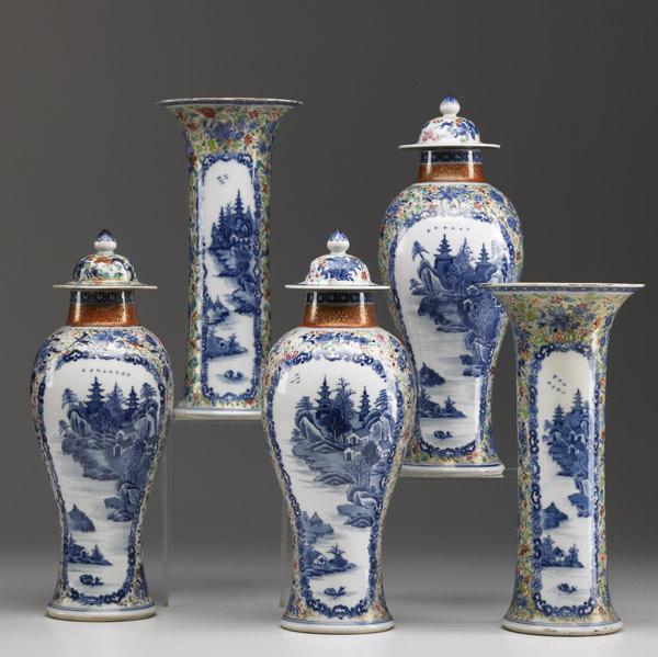 Appraisal: CHINESE EXPORT Five-piece garniture set with landscape reserves ca Tallest