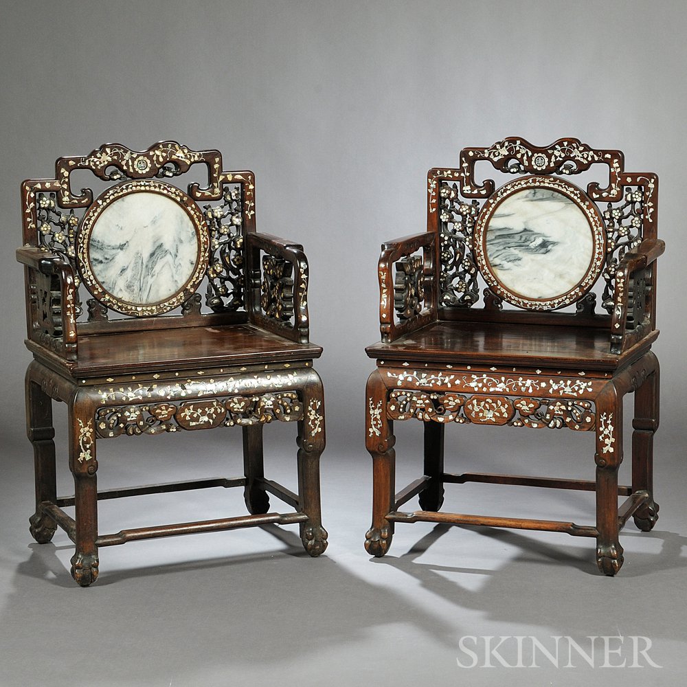 Appraisal: Pair of Inlaid Armchairs China with mother-of-pearl inlay throughout depicting