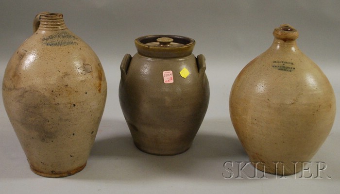 Appraisal: Two Ovoid One-gallon Stoneware Jugs and an Ovoid Covered Jar