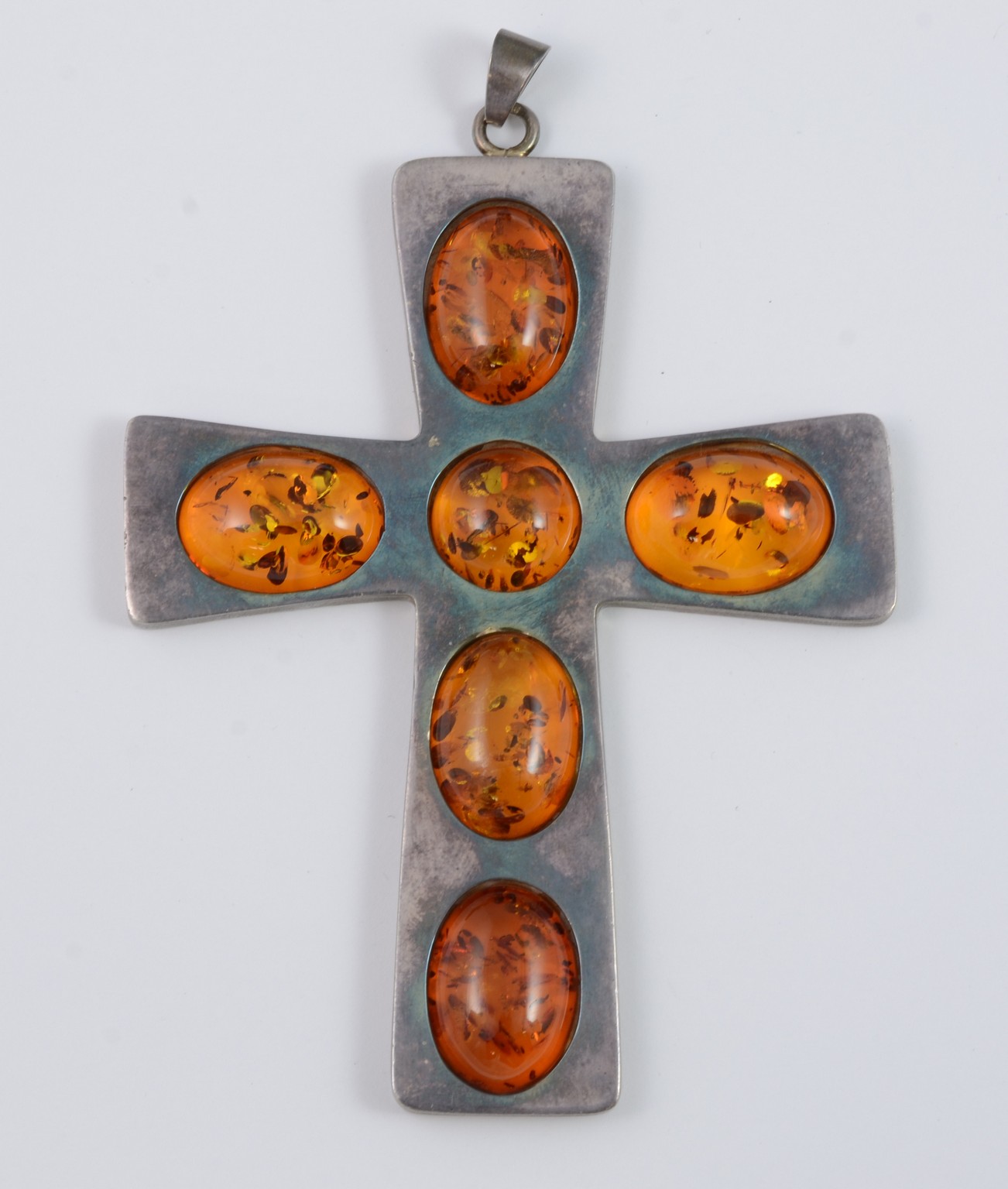 Appraisal: Oversized Sterling Silver Amber Cross Pendant H W Unmarked