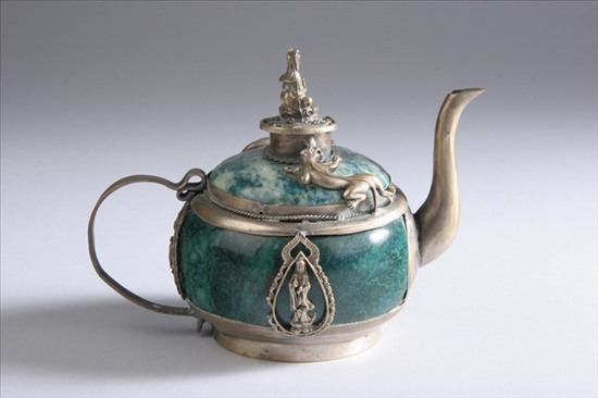 Appraisal: CHINESE SPINACH JADE AND SILVER MOUNTED TEAPOT - in high