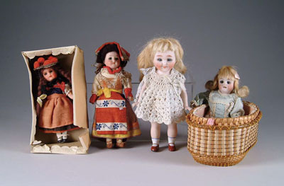 Appraisal: LOT OF FOUR DOLLS compo bodied bisque head with glass