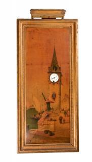 Appraisal: Coin Operated Music Box Clock Painting The music box plays