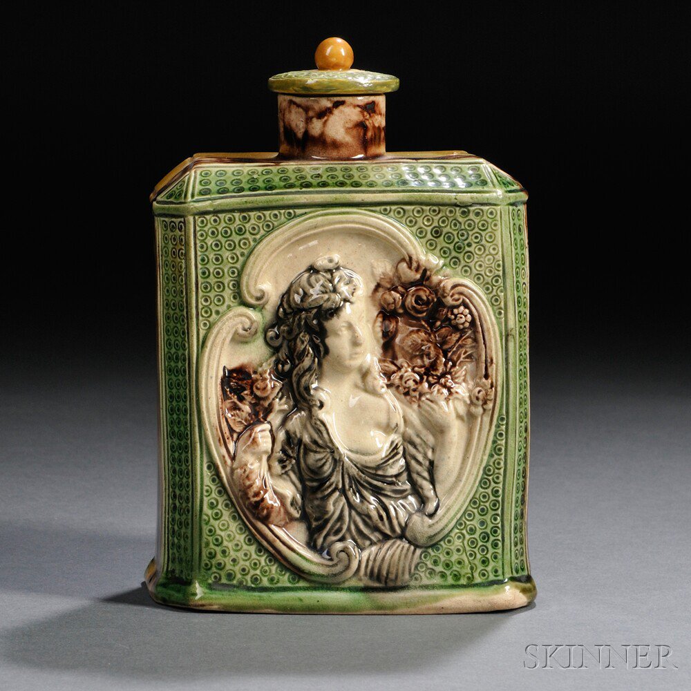 Appraisal: Staffordshire Cream-colored Earthenware Tea Canister England c rectangular with cut