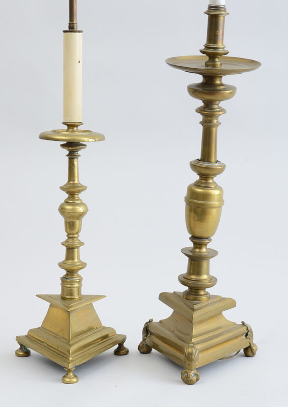 Appraisal: TWO BAROQUE STYLE BRASS PRICKET STICK LAMPS Each tiered stem