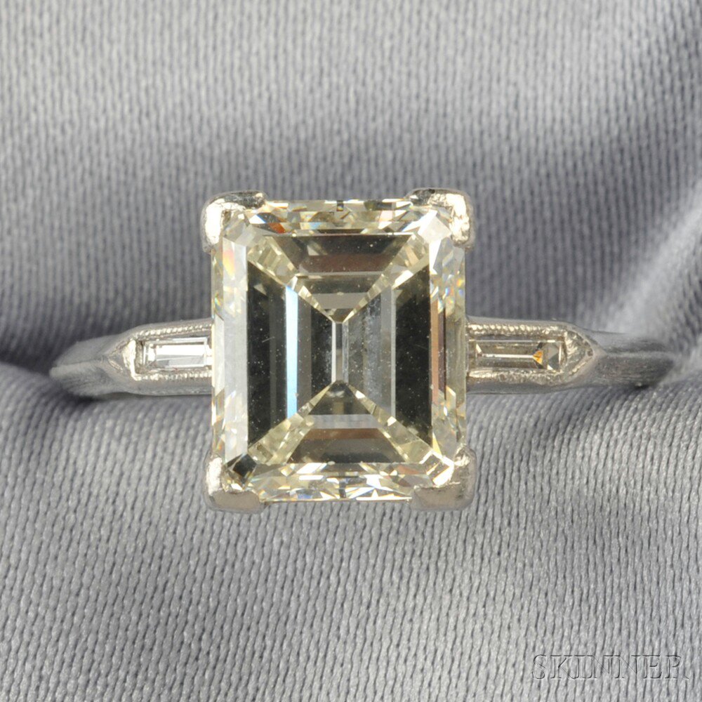 Appraisal: Platinum and Diamond Solitaire prong-set with an emerald-cut diamond weighing